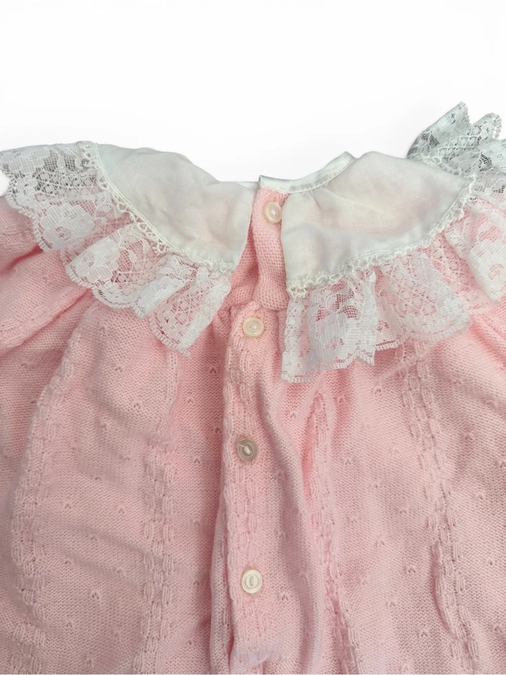 b.t. kids Pink Heirloom Knit Romper 3-6M Lace Collar Smocked Baby Bubble Outfit - Picture 4 of 6